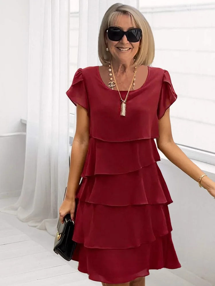 Giselle Women’s Chiffon Midi Dress – Elegant Layered Party Dress with Asymmetrical Hem