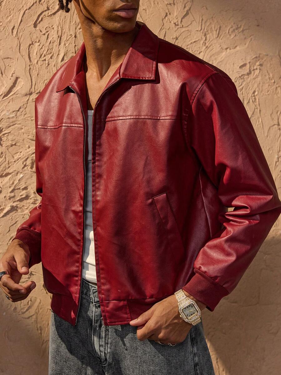 Vince Men’s Faux Leather Jacket – Oversized Urban Zip Jacket in Modern Red Style