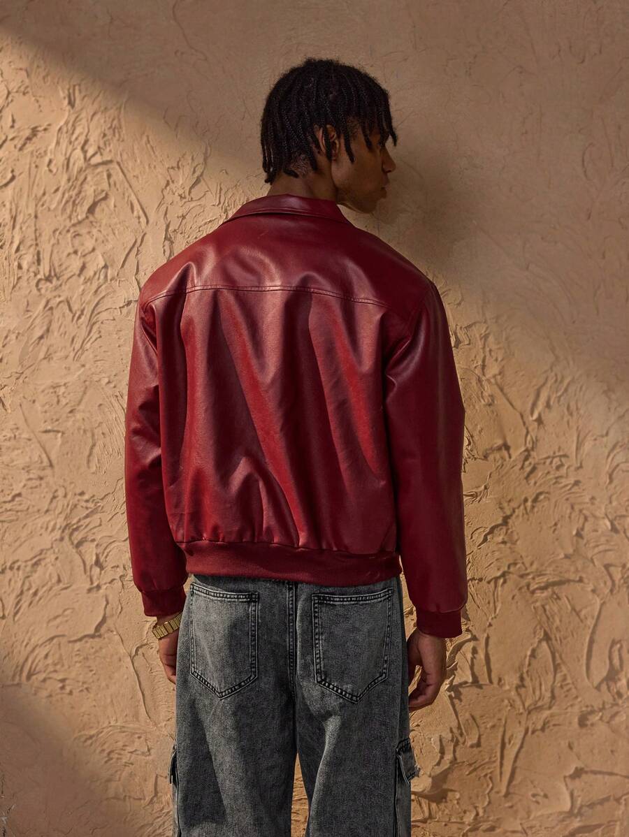 Vince Men’s Faux Leather Jacket – Oversized Urban Zip Jacket in Modern Red Style