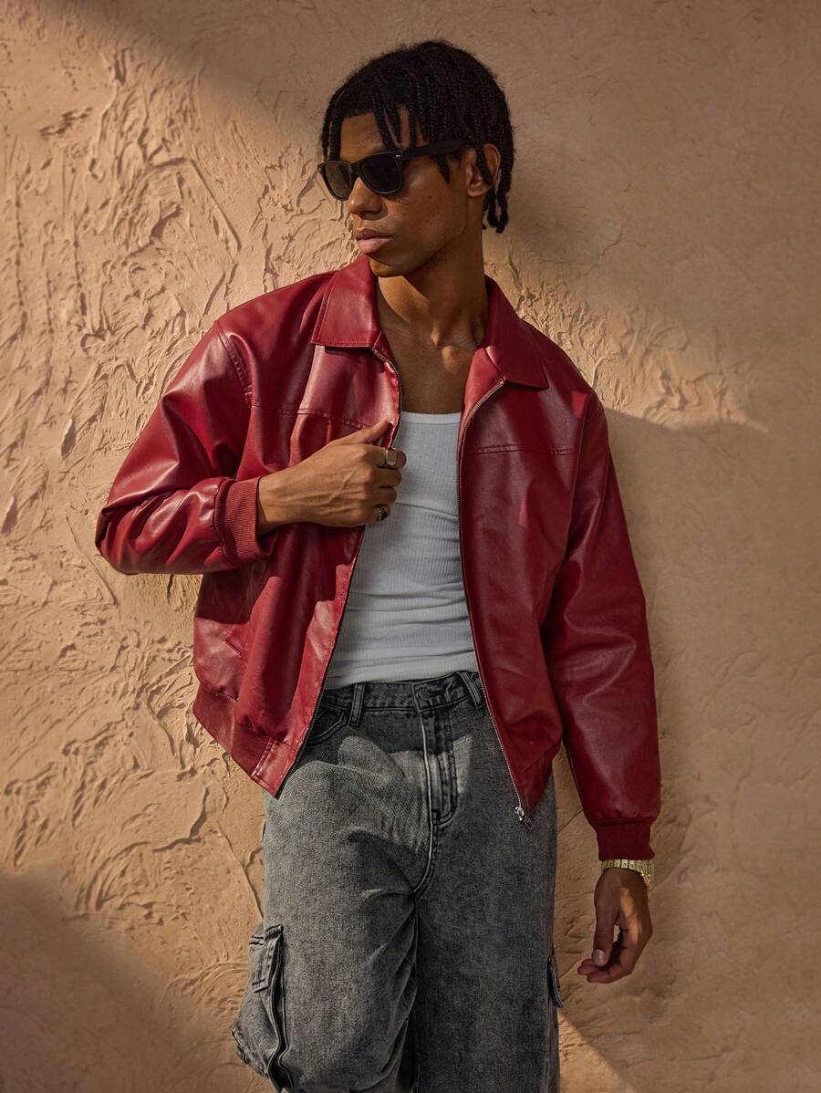Vince Men’s Faux Leather Jacket – Oversized Urban Zip Jacket in Modern Red Style