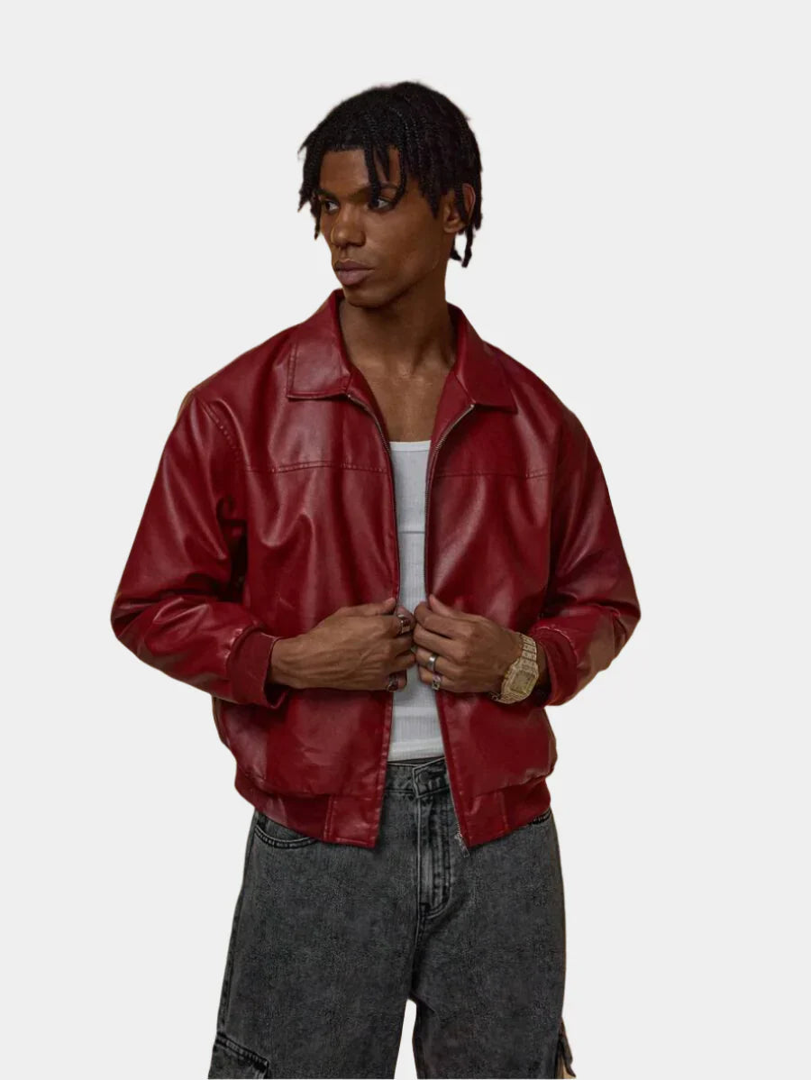 Vince Men’s Faux Leather Jacket – Oversized Urban Zip Jacket in Modern Red Style
