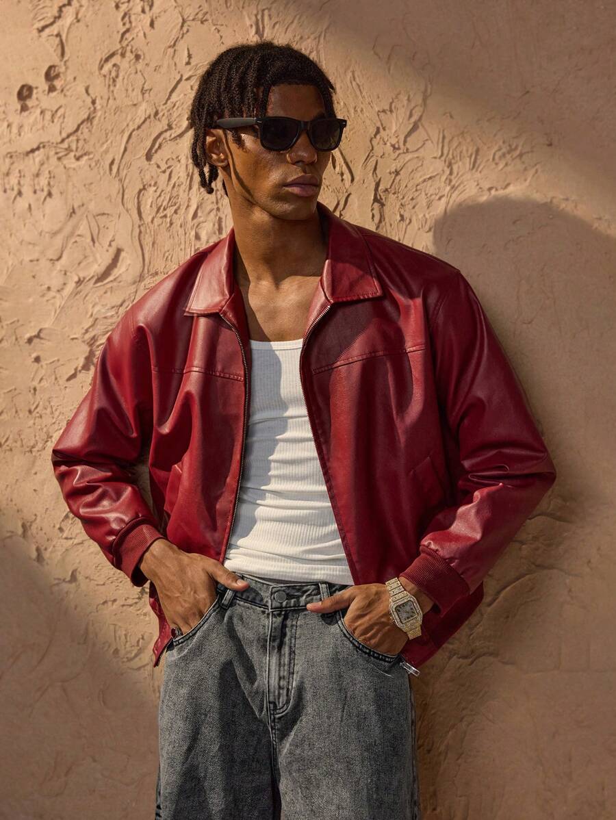 Vince Men’s Faux Leather Jacket – Oversized Urban Zip Jacket in Modern Red Style