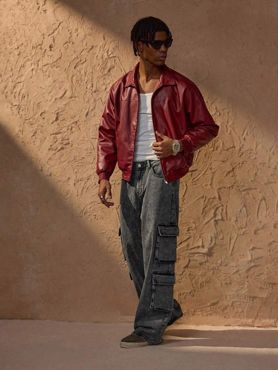 Vince Men’s Faux Leather Jacket – Oversized Urban Zip Jacket in Modern Red Style
