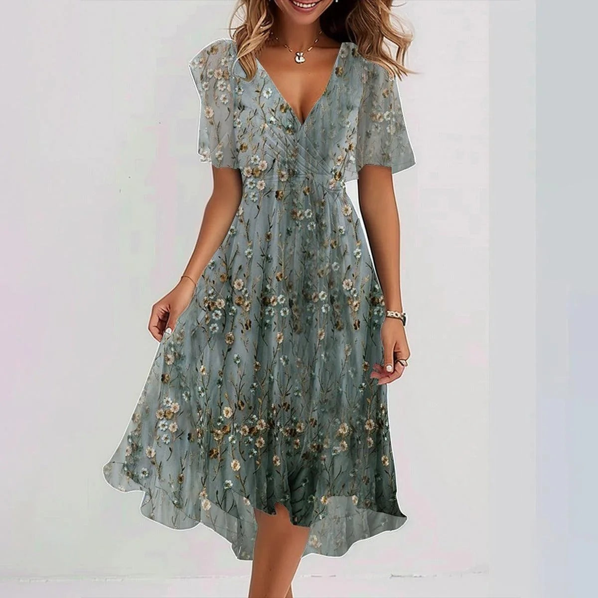 Emily Women’s Floral Midi Dress – Lightweight Chiffon Summer Dress with V-Neck Fit