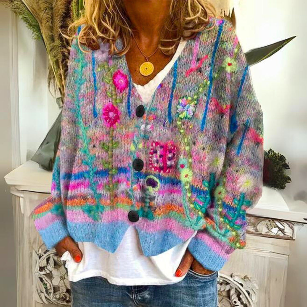 Elisa Women’s Boho Cardigan – Floral Embroidered Oversized Knit Wool Blend Jumper