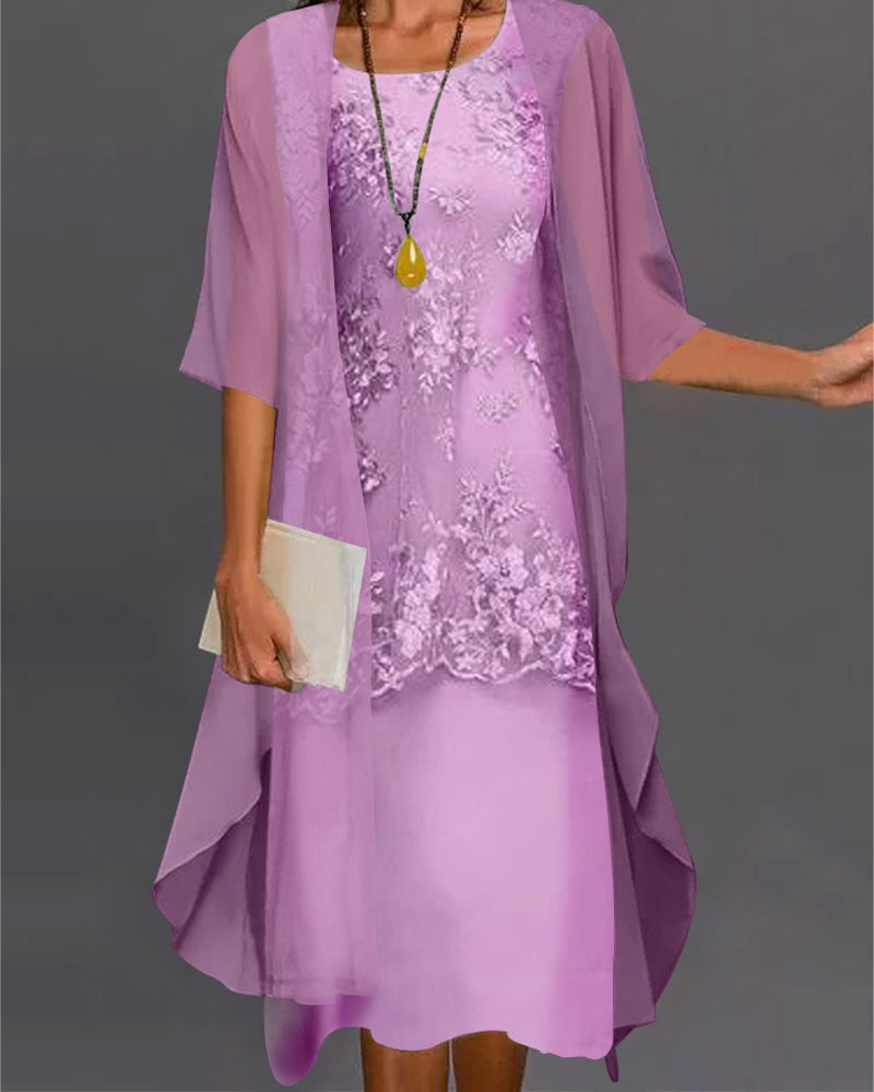 Rishta Women’s Chiffon Dress Set – Elegant Lace Midi Dress with 3/4 Sleeves