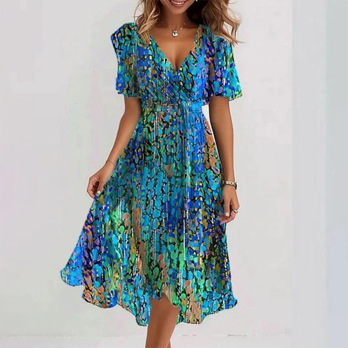 Clara Women’s Short Sleeve Dress – Elegant Casual Midi Dress with Flattering Fit