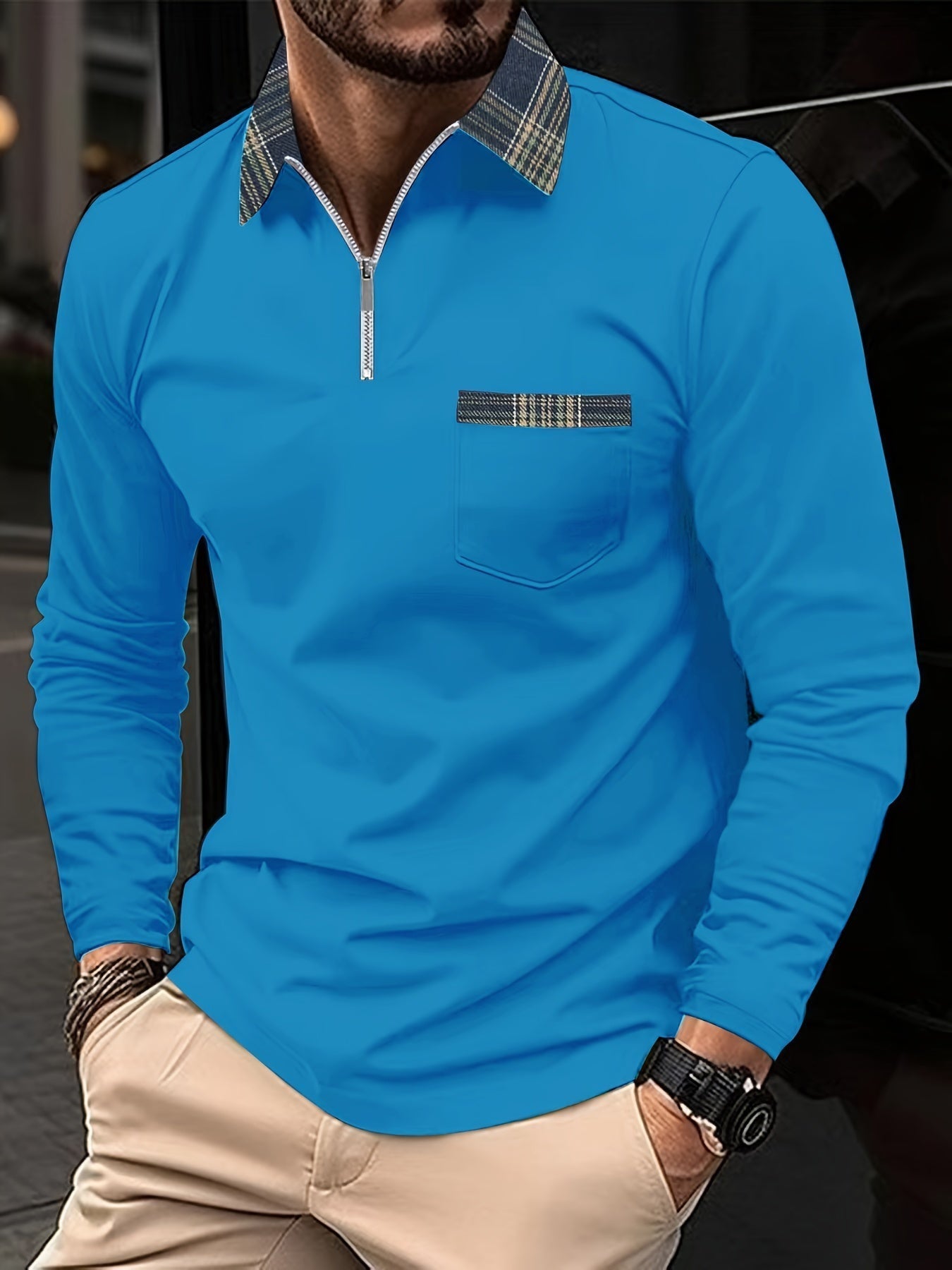 Frank Men’s Long Sleeve Polo – Zip Collar Checked Shirt with Modern Tailored Fit