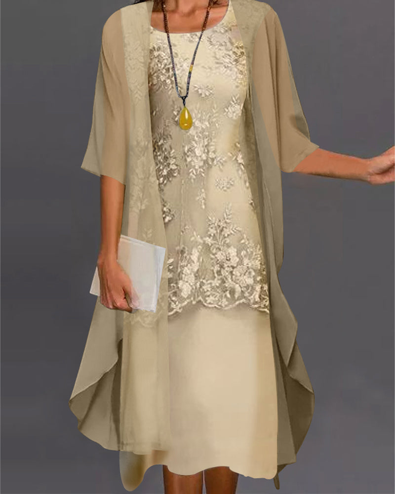 Rishta Women’s Chiffon Dress Set – Elegant Lace Midi Dress with 3/4 Sleeves