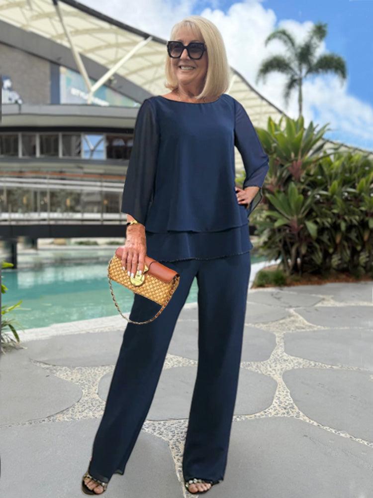 Wendy Women’s Two-Piece Set – Elegant 3/4 Sleeve Top & Tailored Trousers