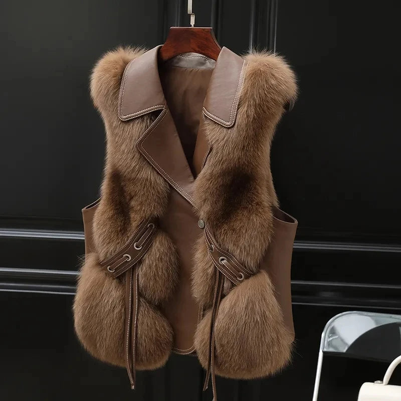 Dilara Women’s Faux Fur Gilet – Luxury Oversized Waist-Tie Winter Waistcoat