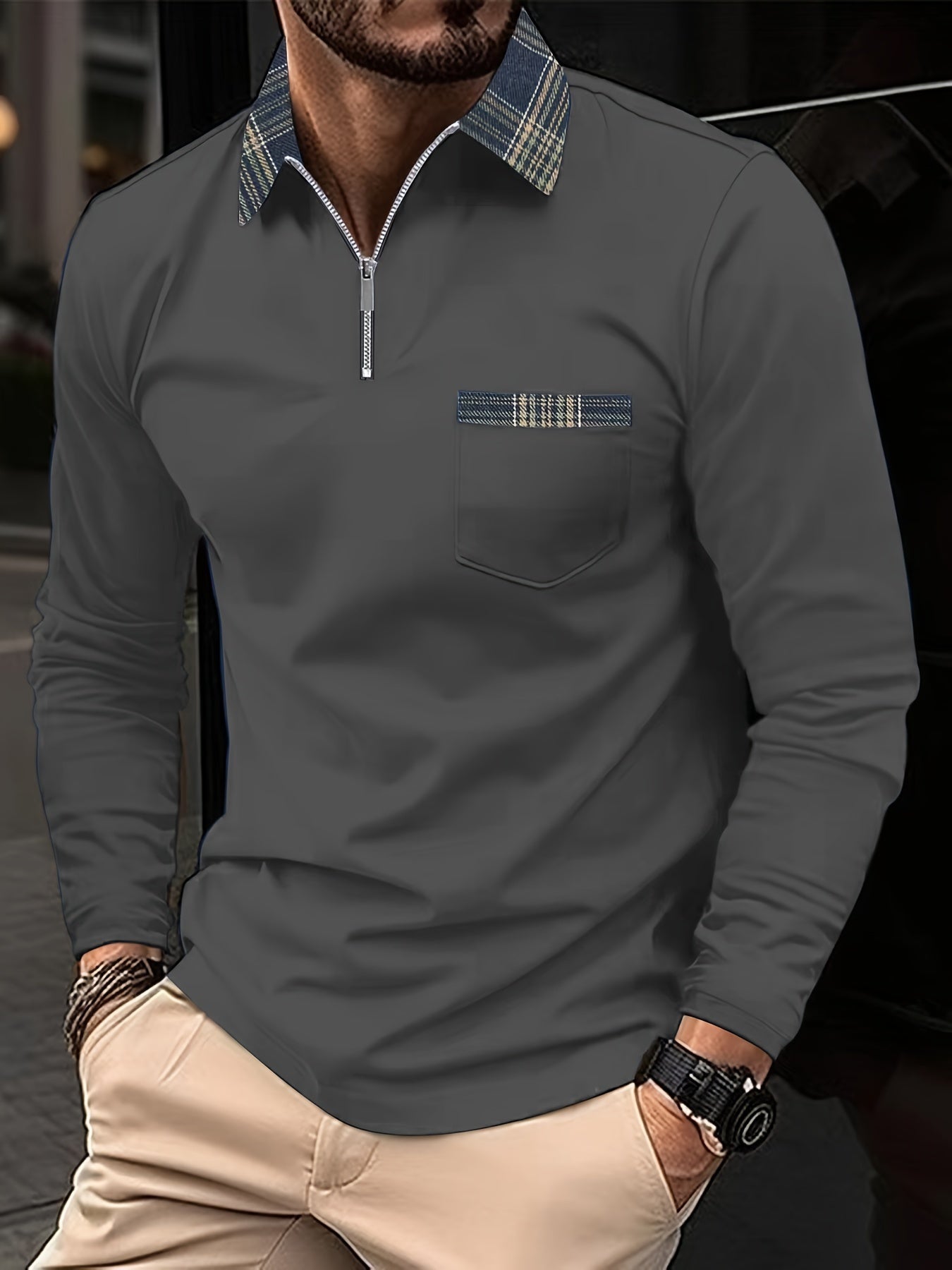 Frank Men’s Long Sleeve Polo – Zip Collar Checked Shirt with Modern Tailored Fit