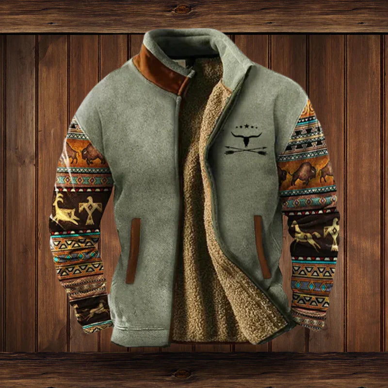Noah Men’s Winter Jacket – Fleece-Lined Western Coat with Ethnic Pattern Design