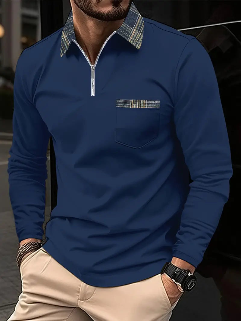 Frank Men’s Long Sleeve Polo – Zip Collar Checked Shirt with Modern Tailored Fit