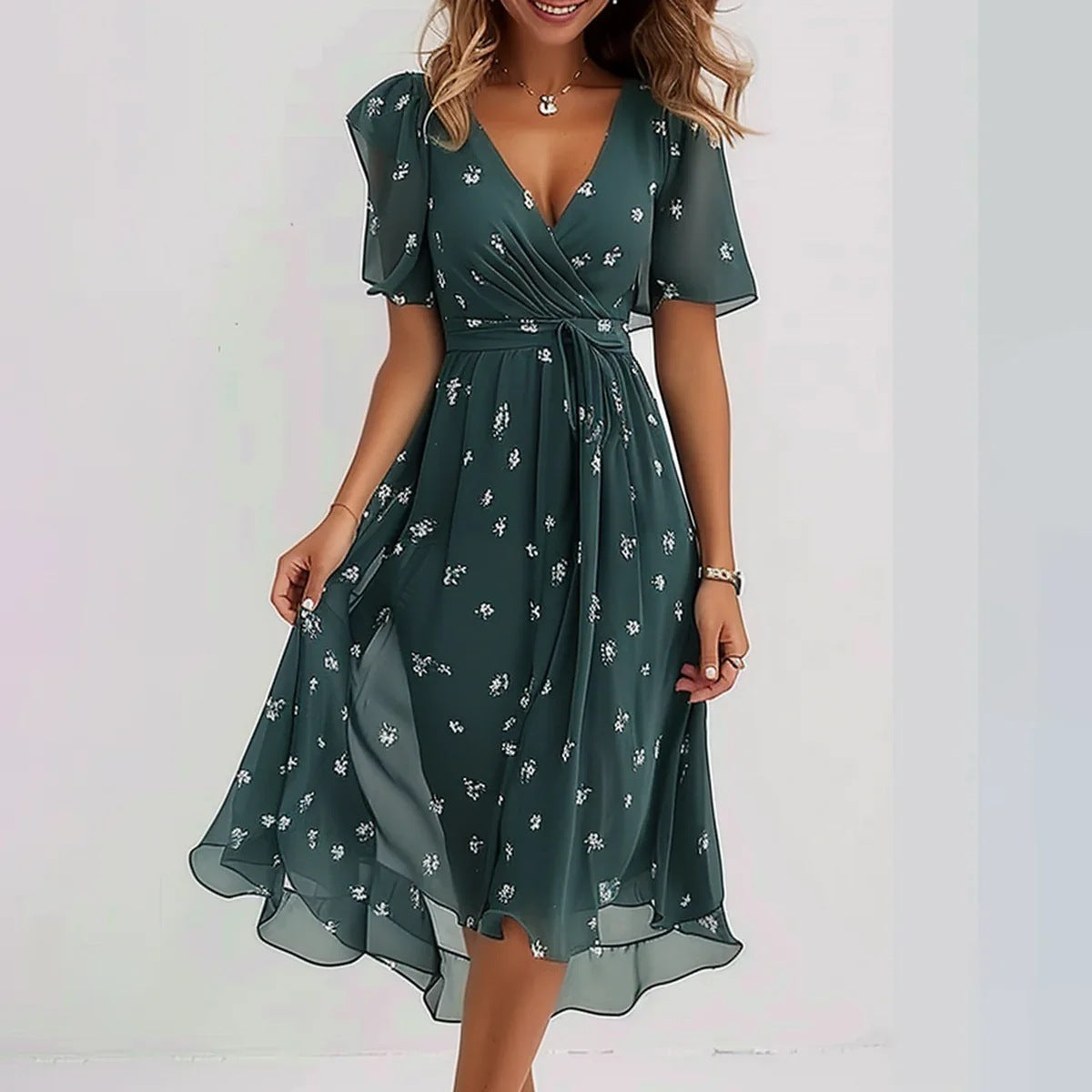 Clara Women’s Short Sleeve Dress – Elegant Casual Midi Dress with Flattering Fit