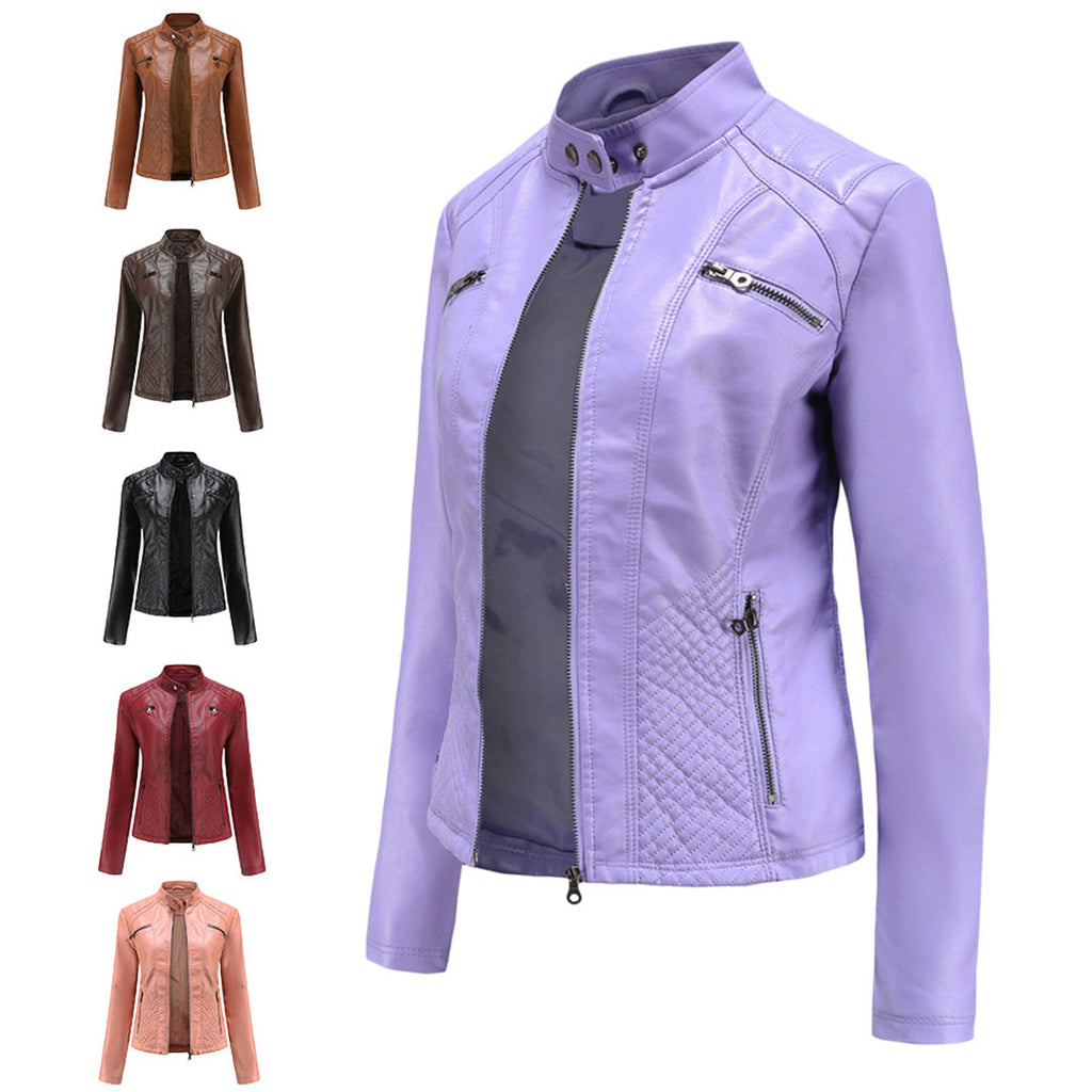 Andrijana Women’s Leather Jacket – Slim Fit Biker Jacket with Zip & Stand Collar