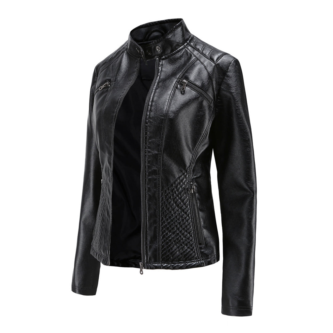 Andrijana Women’s Leather Jacket – Slim Fit Biker Jacket with Zip & Stand Collar