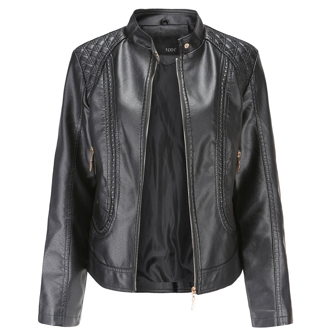 Janiyah Women’s Leather Jacket – Elegant Zip-Up Coat with Chic High Collar