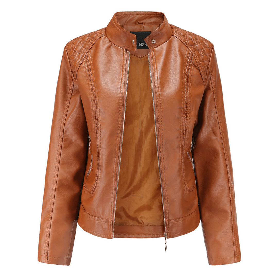 Janiyah Women’s Leather Jacket – Elegant Zip-Up Coat with Chic High Collar