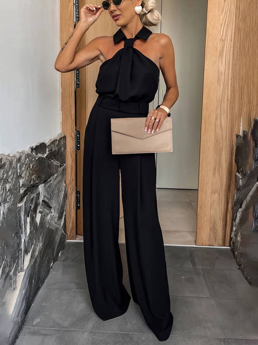 Aliya Women’s Wide Leg Jumpsuit – Sleeveless Casual Playsuit with Shirt Collar