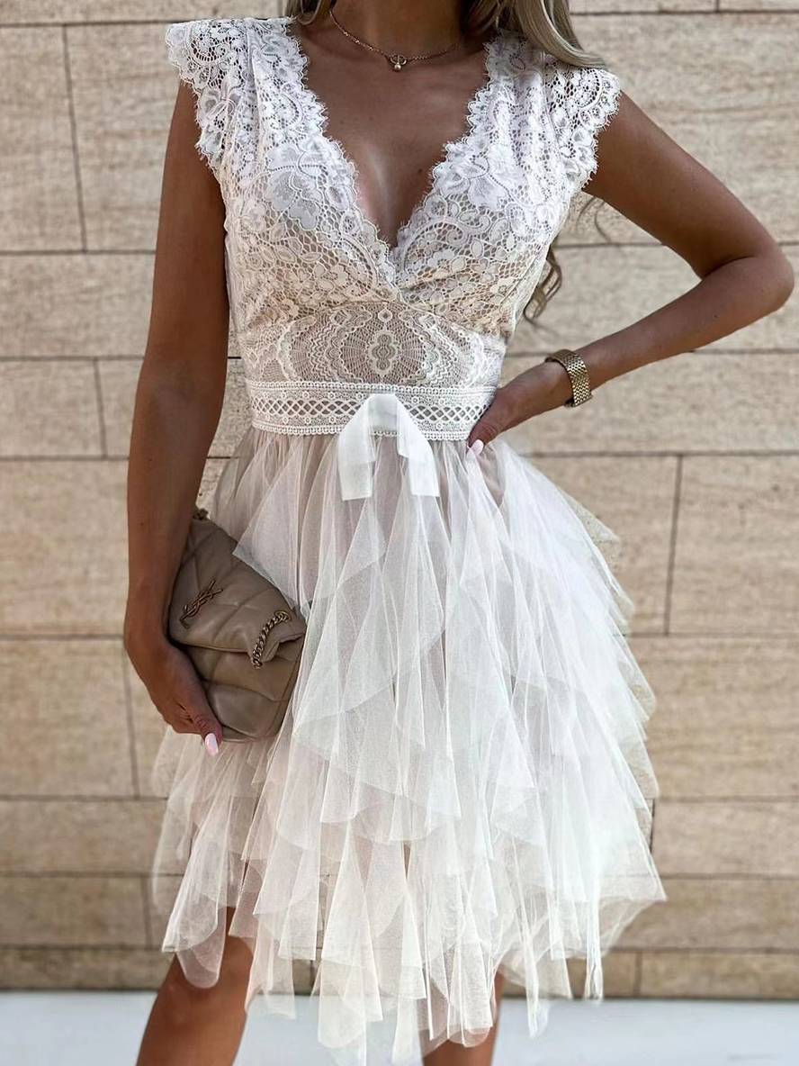 Wendy Women’s Tulle Mini Dress – Elegant V-Neck Backless Party Dress with Lace