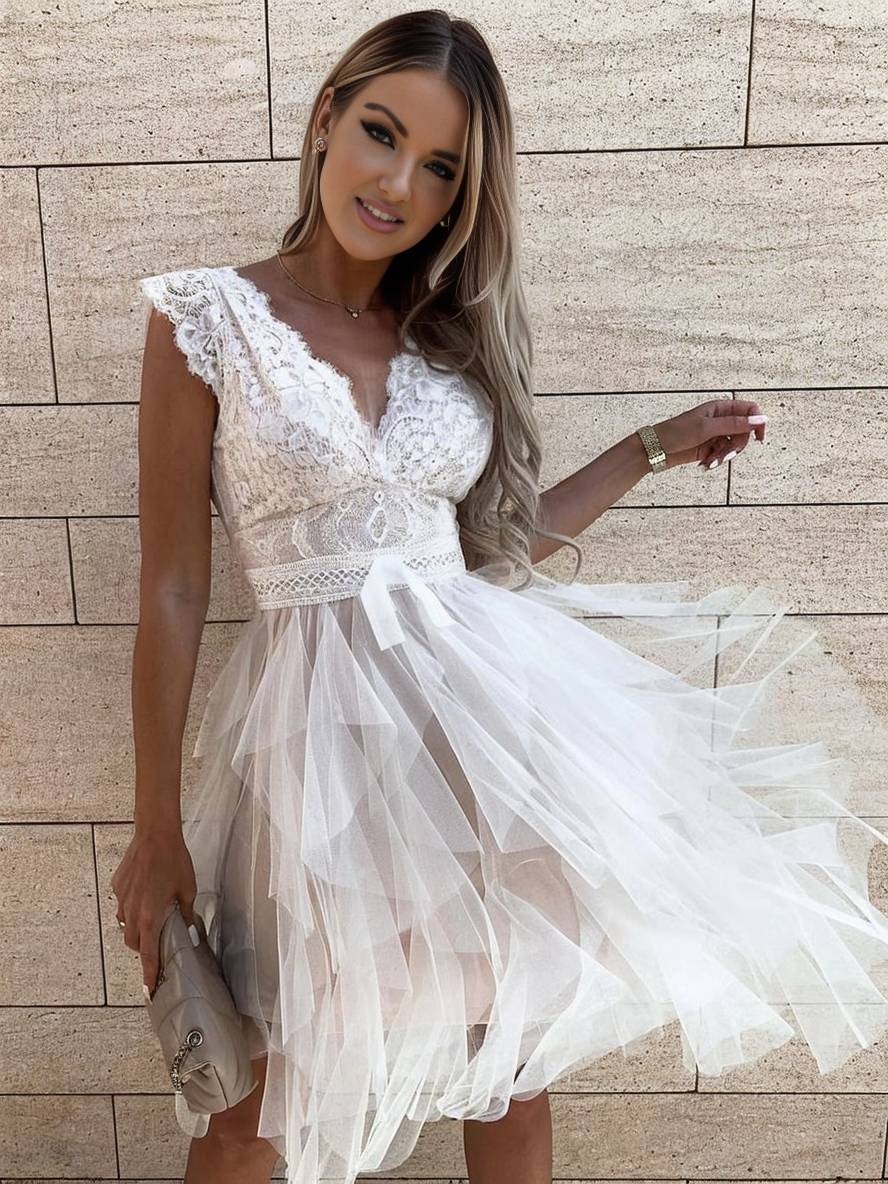 Wendy Women’s Tulle Mini Dress – Elegant V-Neck Backless Party Dress with Lace
