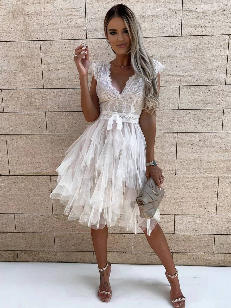 Wendy Women’s Tulle Mini Dress – Elegant V-Neck Backless Party Dress with Lace