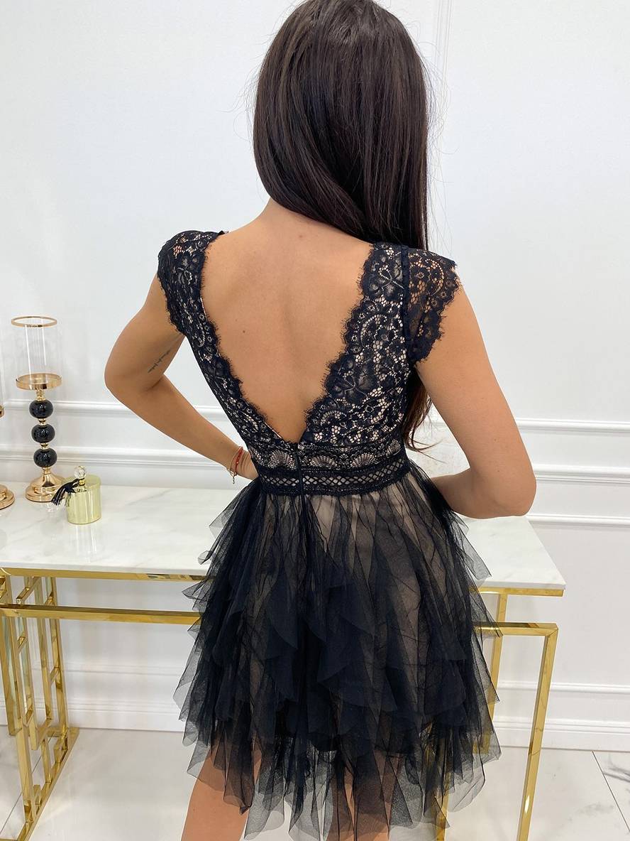 Wendy Women’s Tulle Mini Dress – Elegant V-Neck Backless Party Dress with Lace