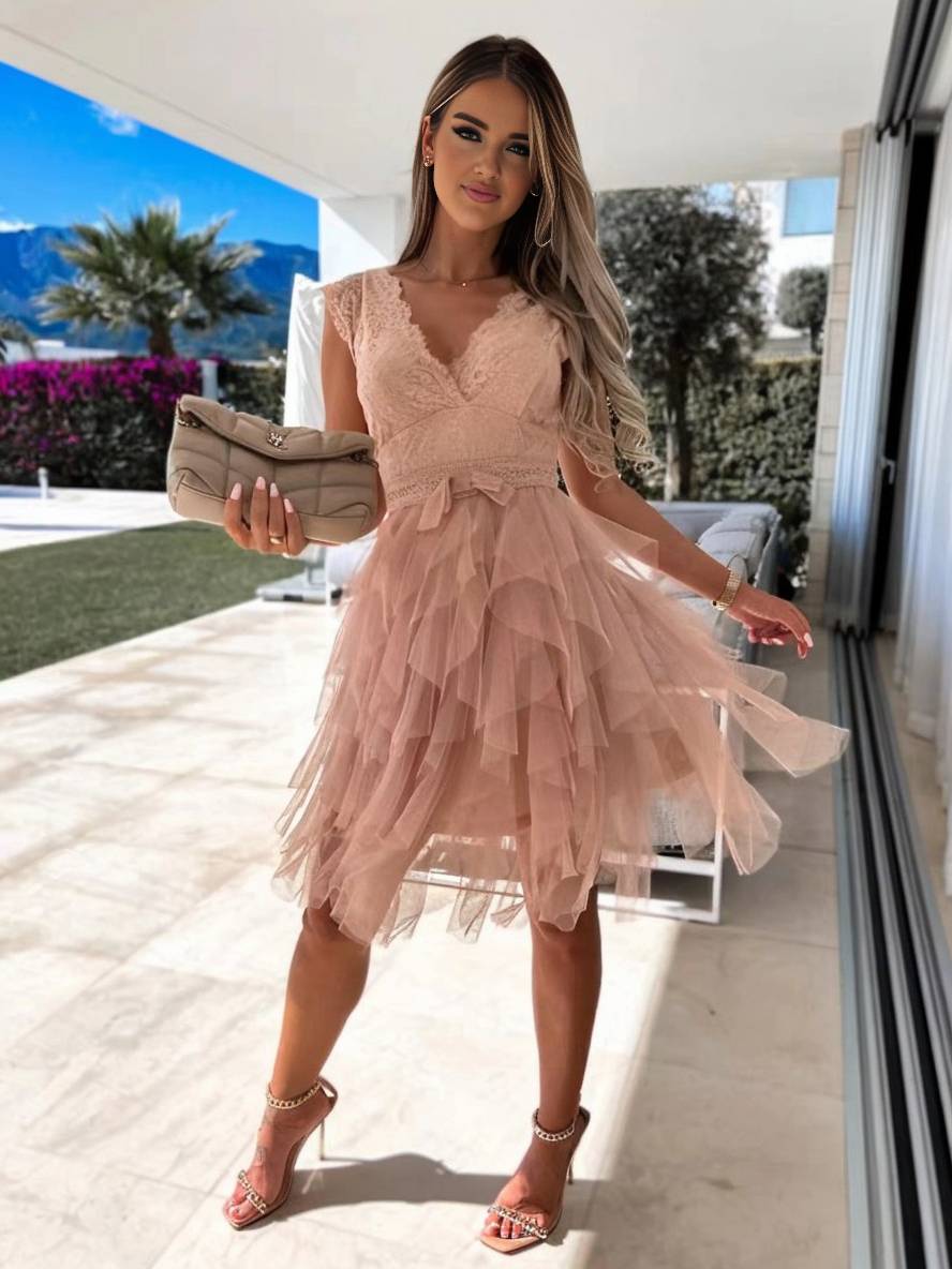 Wendy Women’s Tulle Mini Dress – Elegant V-Neck Backless Party Dress with Lace