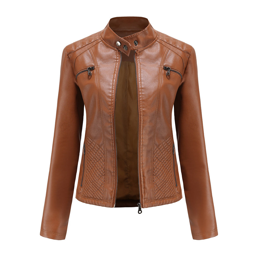 Andrijana Women’s Leather Jacket – Slim Fit Biker Jacket with Zip & Stand Collar
