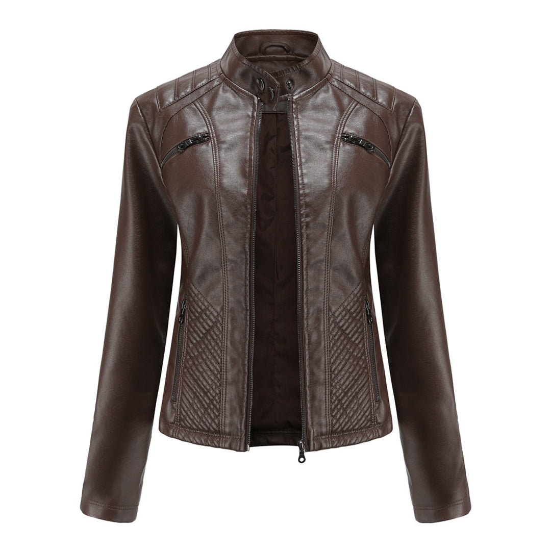 Andrijana Women’s Leather Jacket – Slim Fit Biker Jacket with Zip & Stand Collar