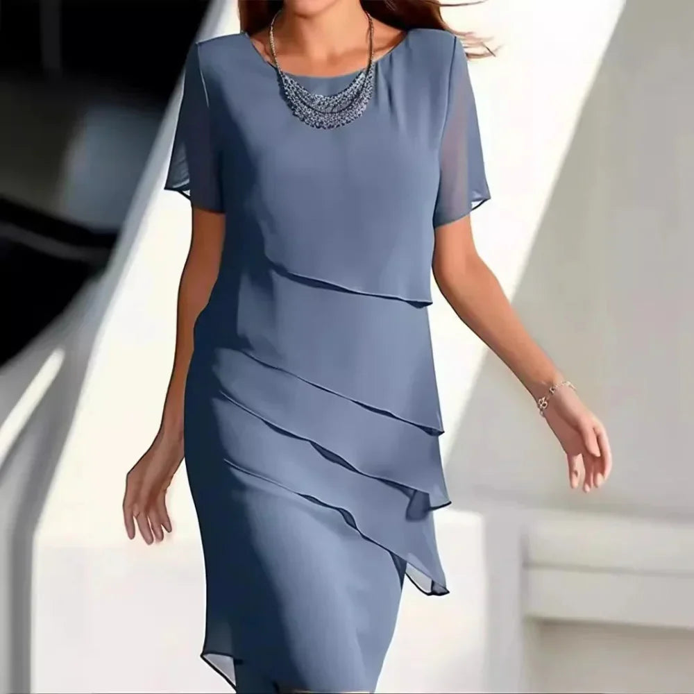 Elena Women’s Chiffon Tiered Dress – Elegant Short Sleeve Midi Dress with Flowy Fit