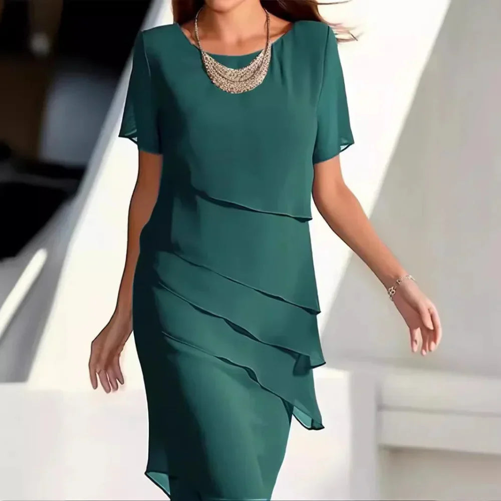 Elena Women’s Chiffon Tiered Dress – Elegant Short Sleeve Midi Dress with Flowy Fit