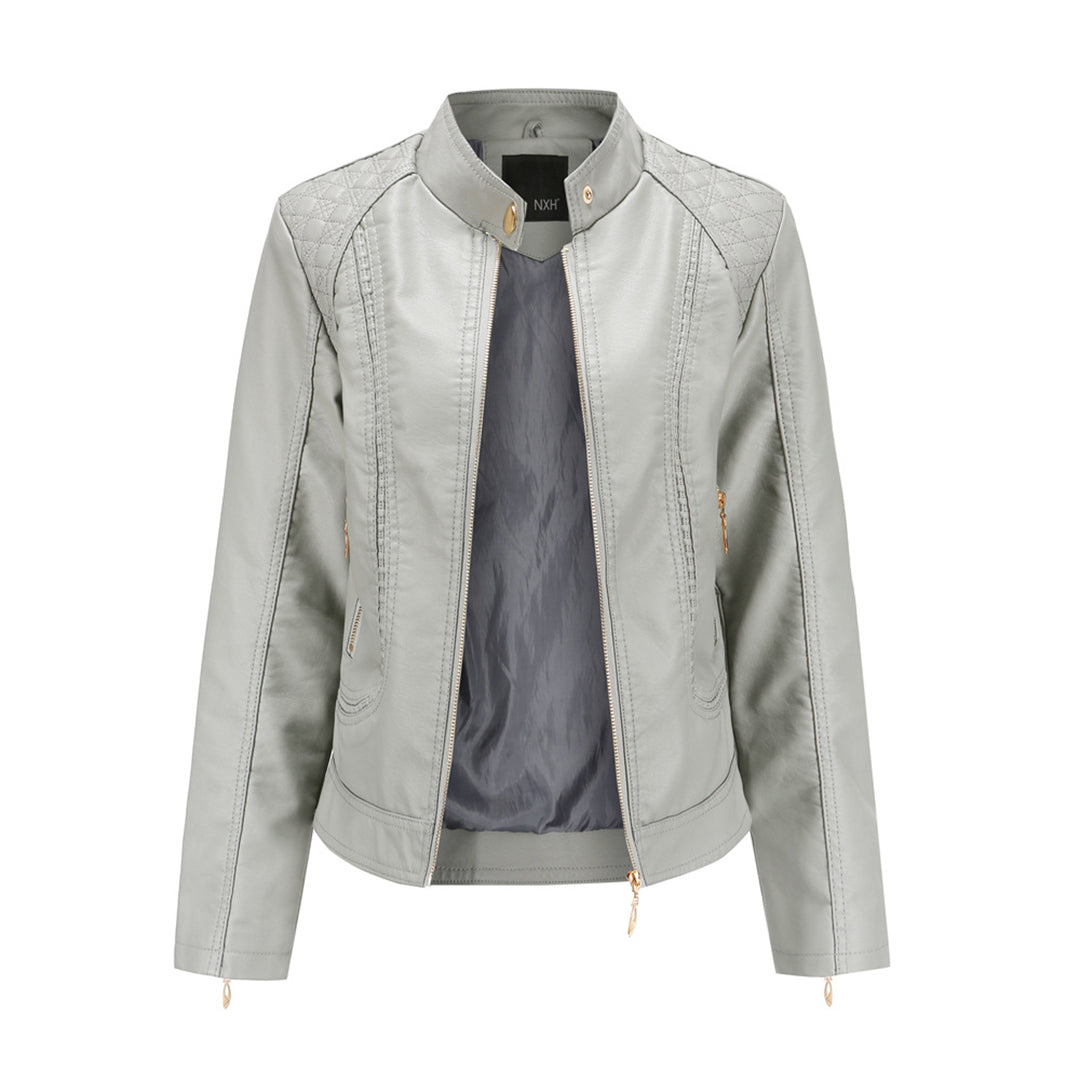 Janiyah Women’s Leather Jacket – Elegant Zip-Up Coat with Chic High Collar