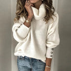 Emma Women’s Turtleneck Jumper – Elegant Knit Sweater with Button Sleeve Details