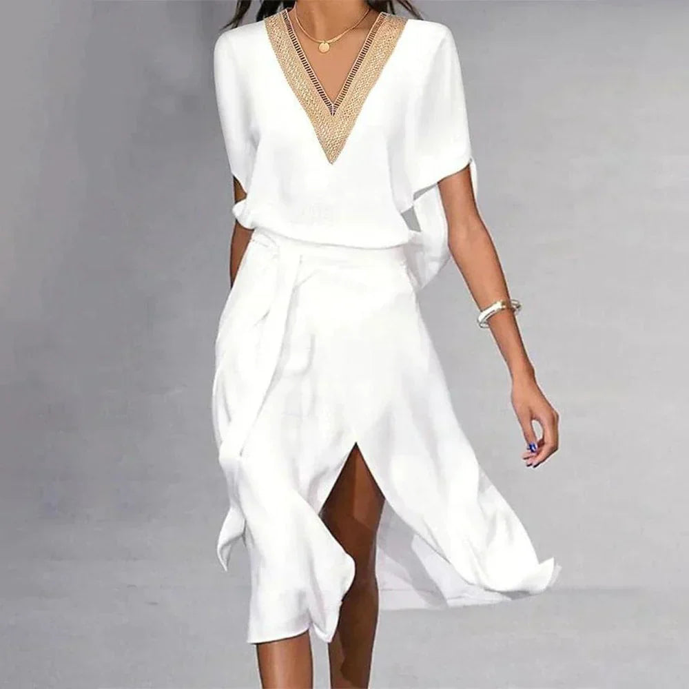 Isabella Women’s Midi Dress – Elegant White V-Neck Dress with Minimalist Fit
