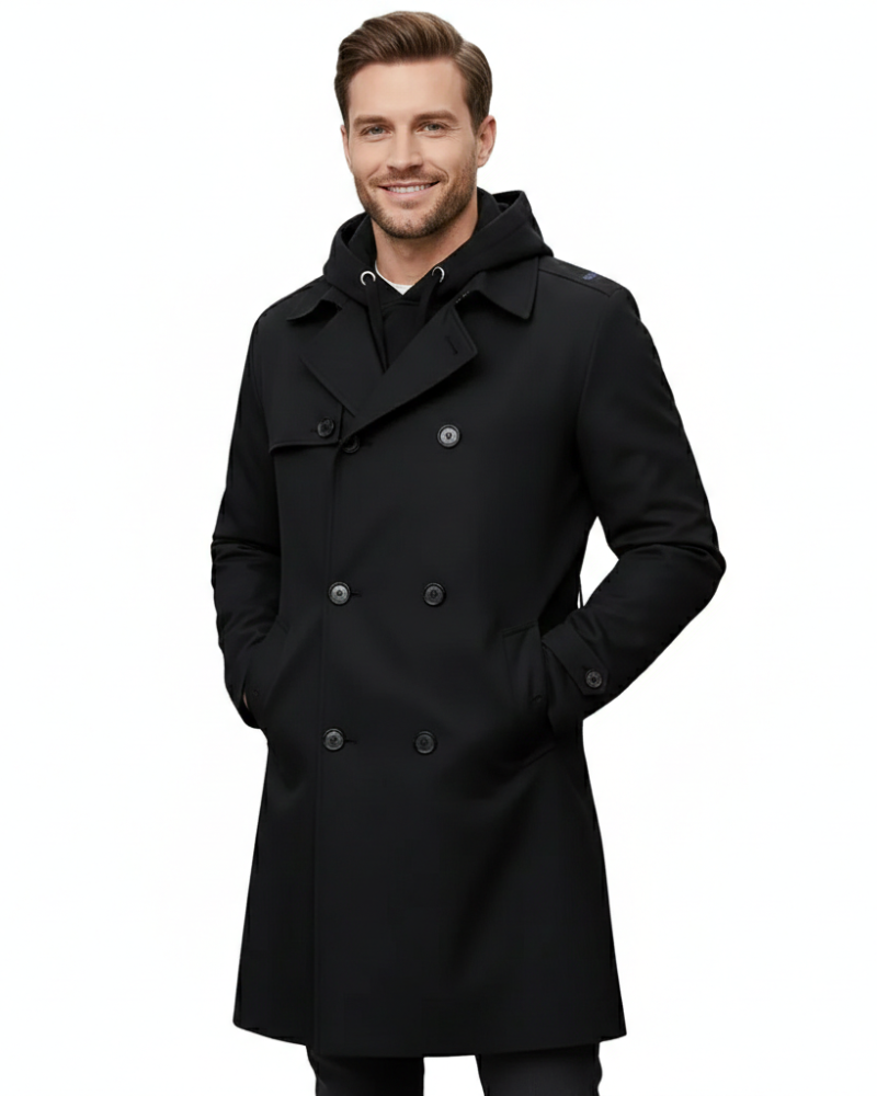 Gian Men’s Trench Coat – Double Breasted Belted Long Coat with Classic Lapel Collar
