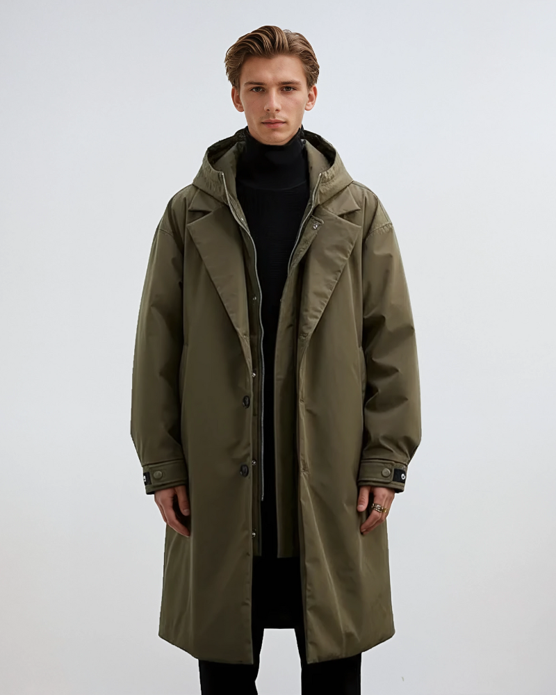 Kennington Men’s Long Trench Coat – Waterproof Hooded Jacket with Elegant Tailored Fit