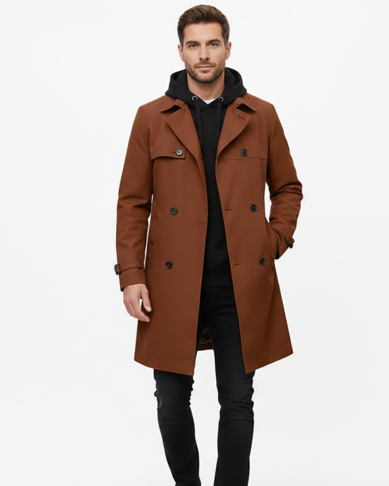 Gian Men’s Trench Coat – Double Breasted Belted Long Coat with Classic Lapel Collar