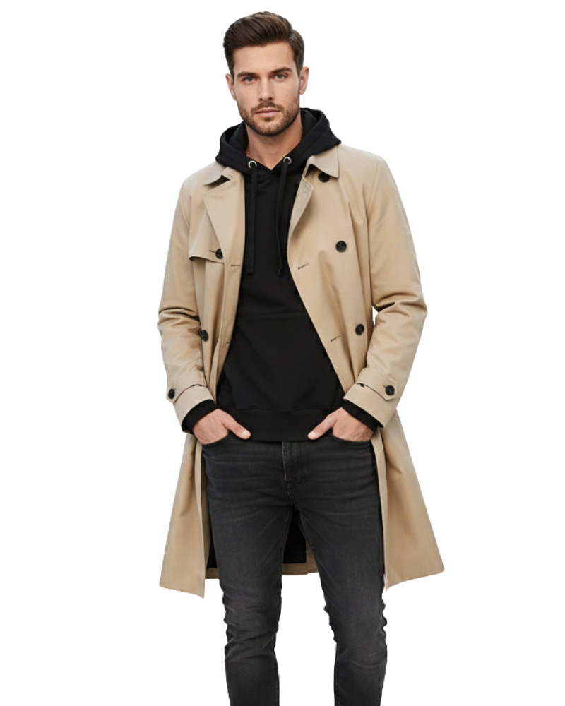 Gian Men’s Trench Coat – Double Breasted Belted Long Coat with Classic Lapel Collar