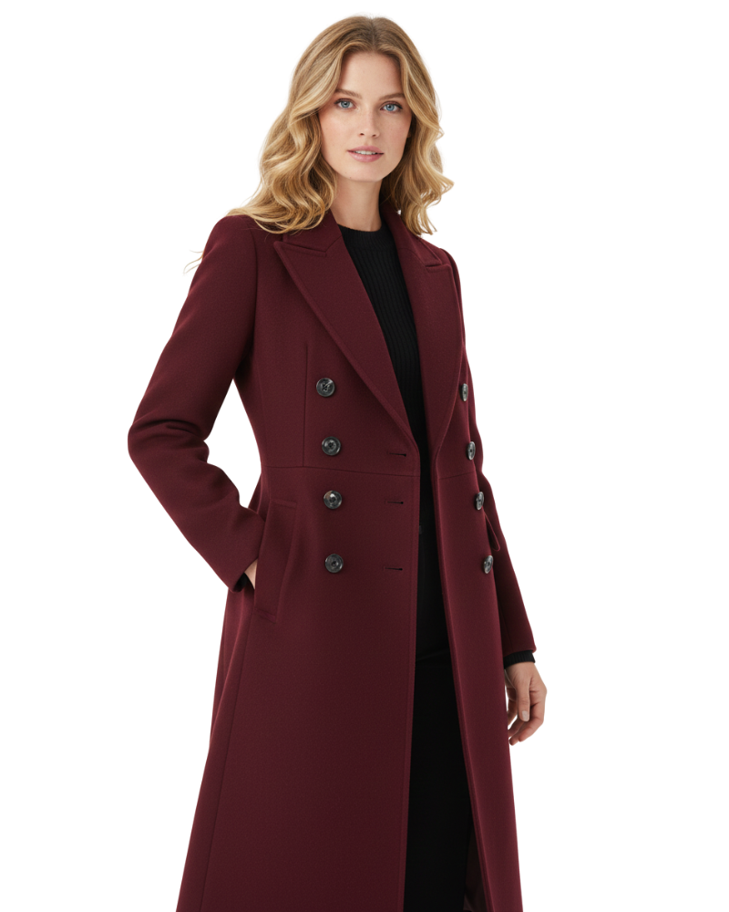Vian Women’s Long Wool Coat – Elegant Double-Breasted Winter Coat in Burgundy