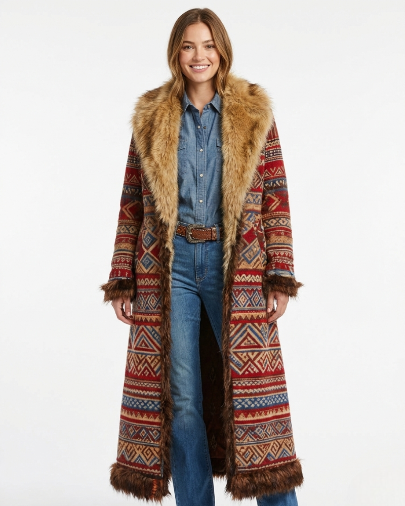 Isabella Women’s Boho Long Coat – Ethnic Winter Jacket with Faux Fur Collar