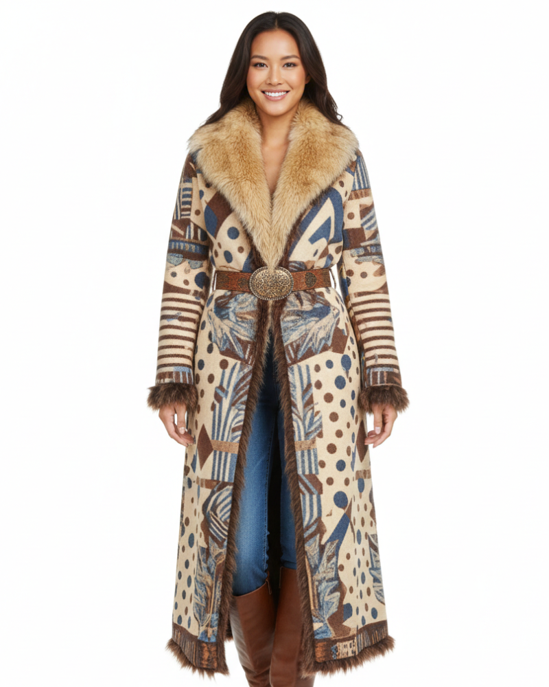 Isabella Women’s Boho Long Coat – Ethnic Winter Jacket with Faux Fur Collar