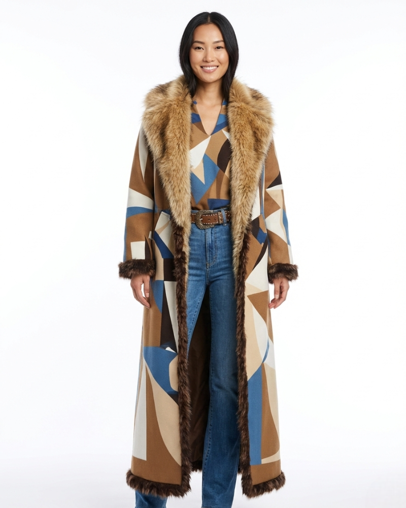 Isabella Women’s Boho Long Coat – Ethnic Winter Jacket with Faux Fur Collar