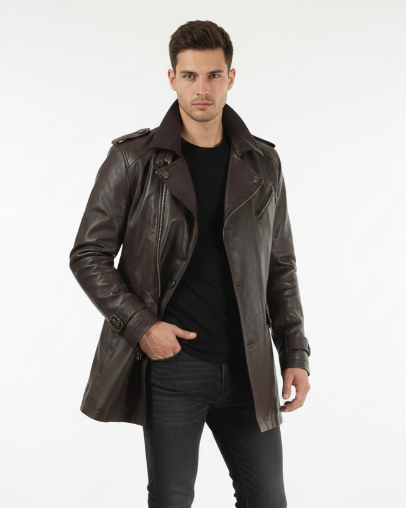 Zayko Men’s Long Leather Coat – Classic Winter Jacket with Elegant Regular Fit