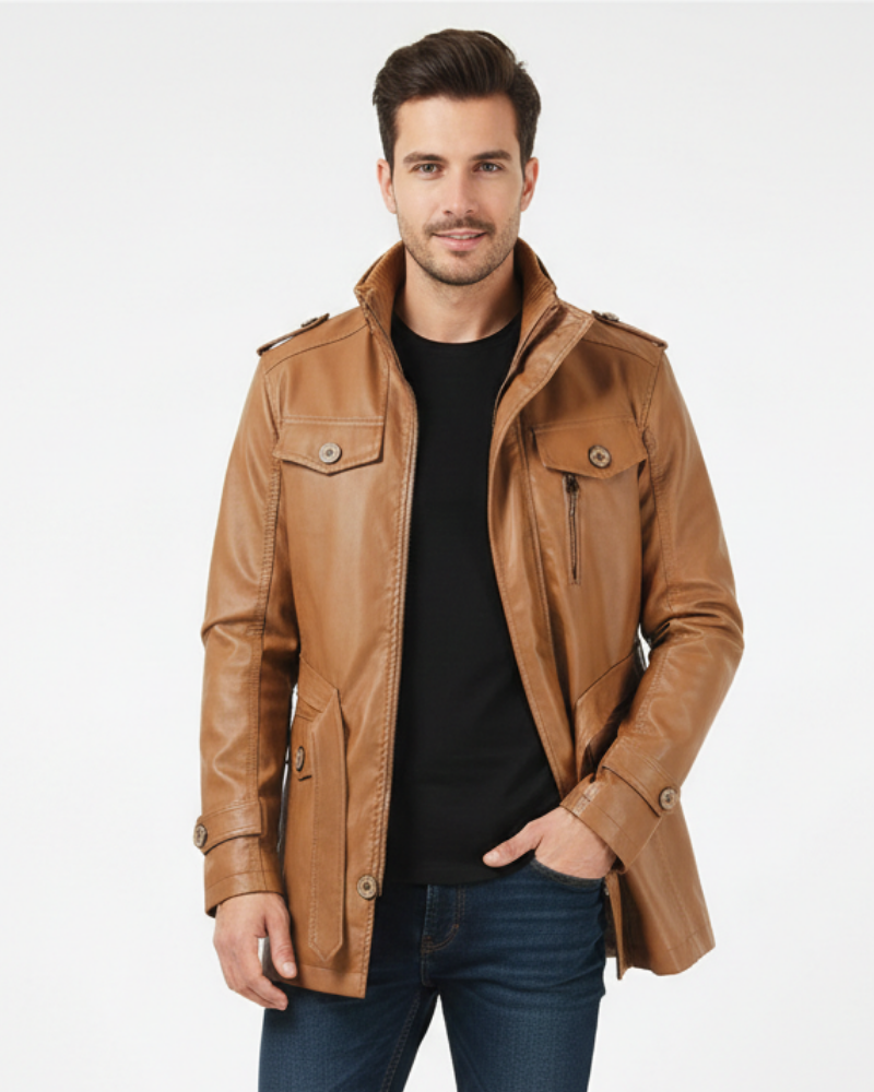 Zayko Men’s Long Leather Coat – Classic Winter Jacket with Elegant Regular Fit