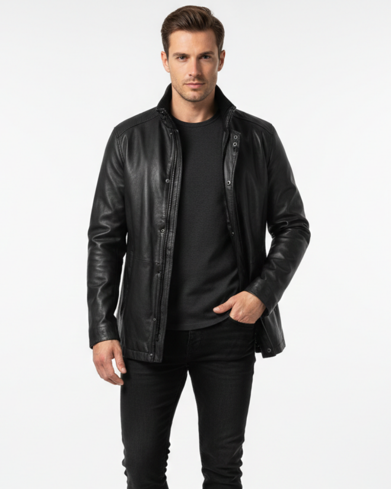 Zayko Men’s Long Leather Coat – Classic Winter Jacket with Elegant Regular Fit