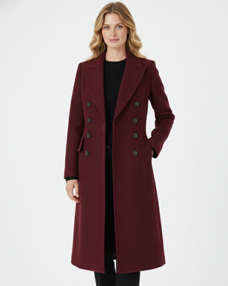 Vian Women’s Long Wool Coat – Elegant Double-Breasted Winter Coat in Burgundy