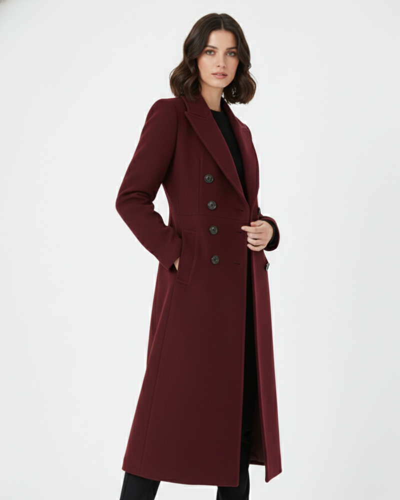 Vian Women’s Long Wool Coat – Elegant Double-Breasted Winter Coat in Burgundy