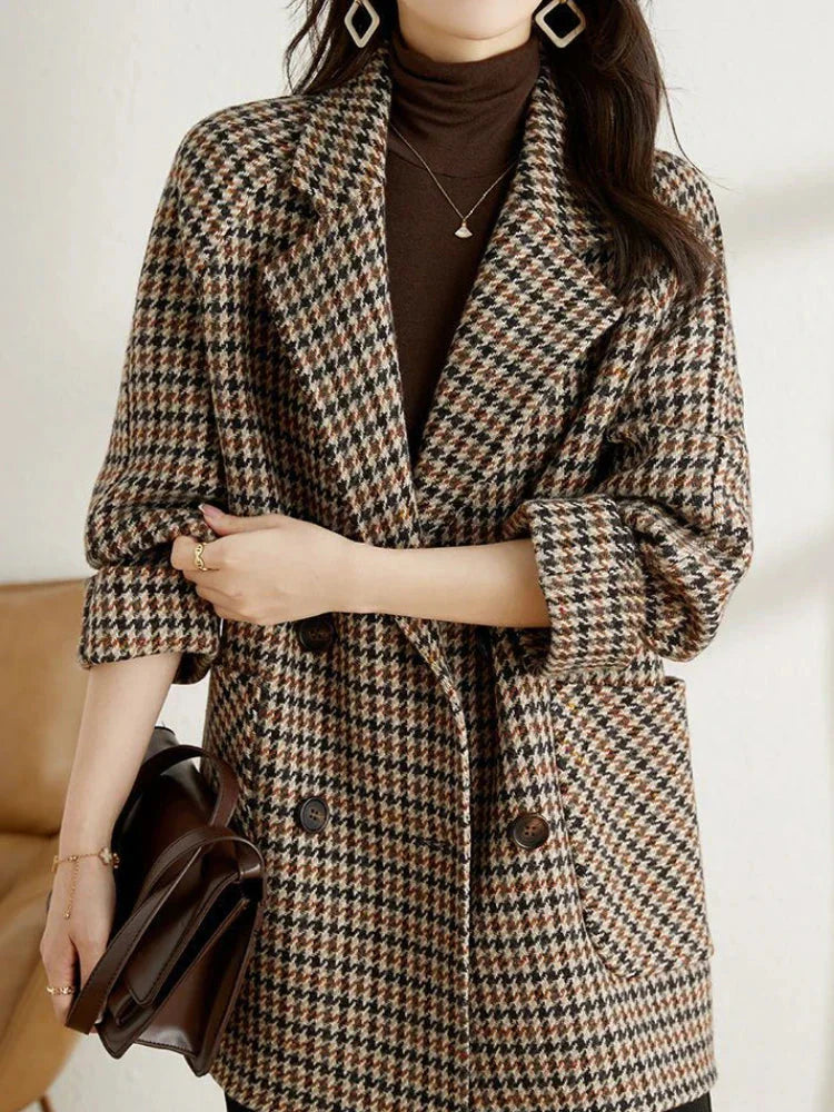 Audrey Women’s Checked Blazer Jacket – Oversized Double-Breasted Vintage Coat